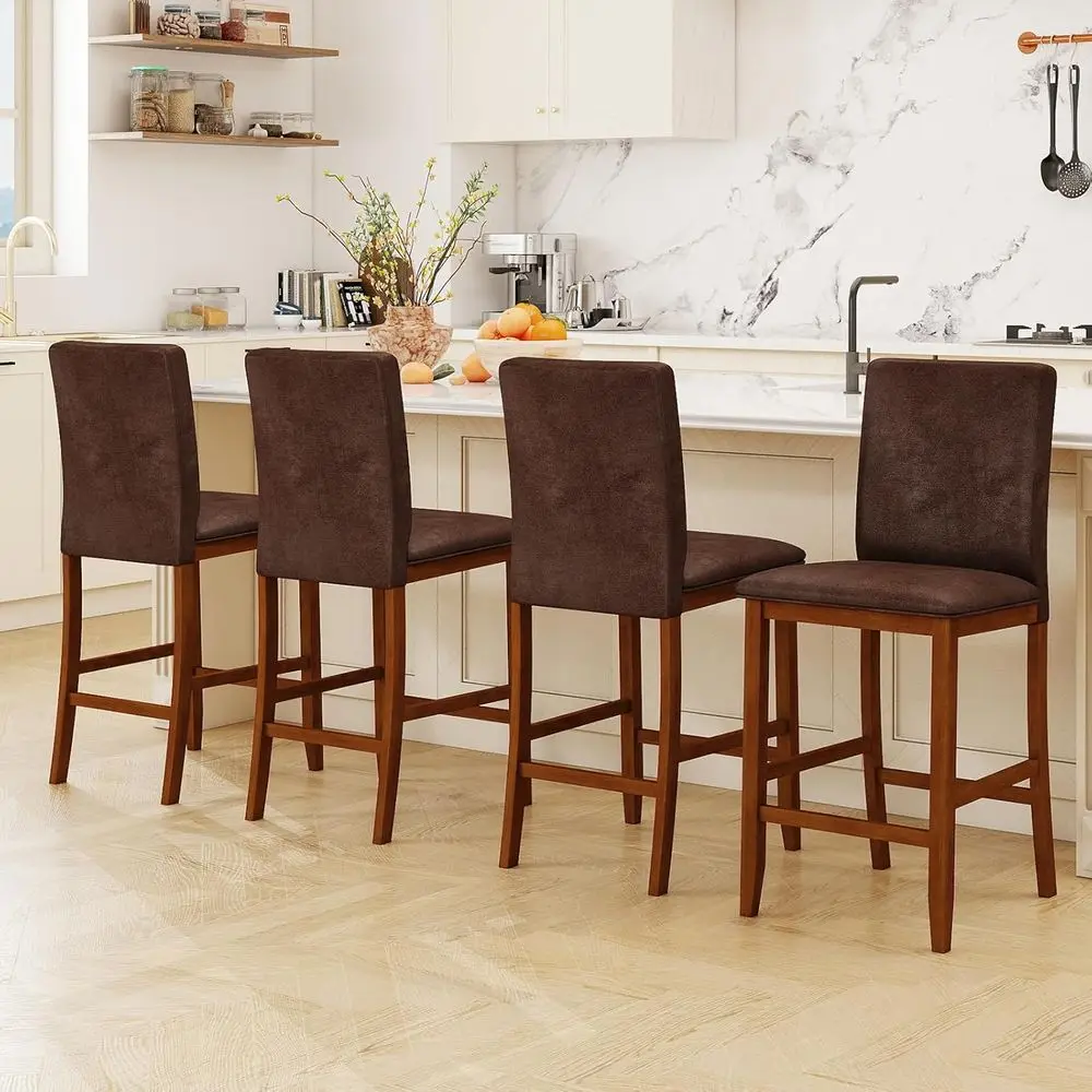 

Set of 4, 26 Upholstered Counter Height Bar Stools with Solid Rubberwood Legs, Padded Seats & Backs, Footrests, Suitable for Kit