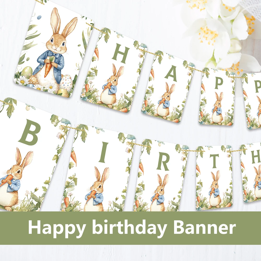 16pcs Peter Rabbit Theme ，Green Birthday Banner Set, Party Supplies, Fun Kids Room Decor, Holiday Celebrations, Includes Twine