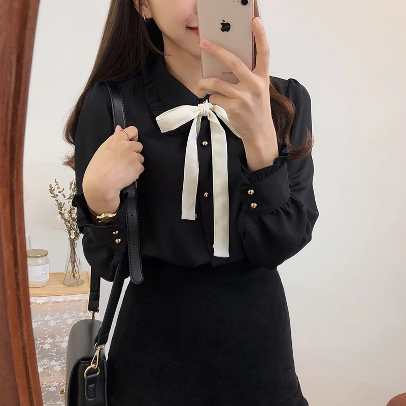 Chiffon Blouses Shirts New Hot Sales Preppy Style Girls Bow Tie Tops Cute Sweet Korean Temperament Lady Peter Pan Collar Shirt