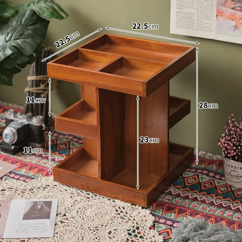 360-Degree Rotating Wooden Cosmetic Storage Box Desk Dressing Table Skincare Lipstick Organizer Layered Countertop Display Stand