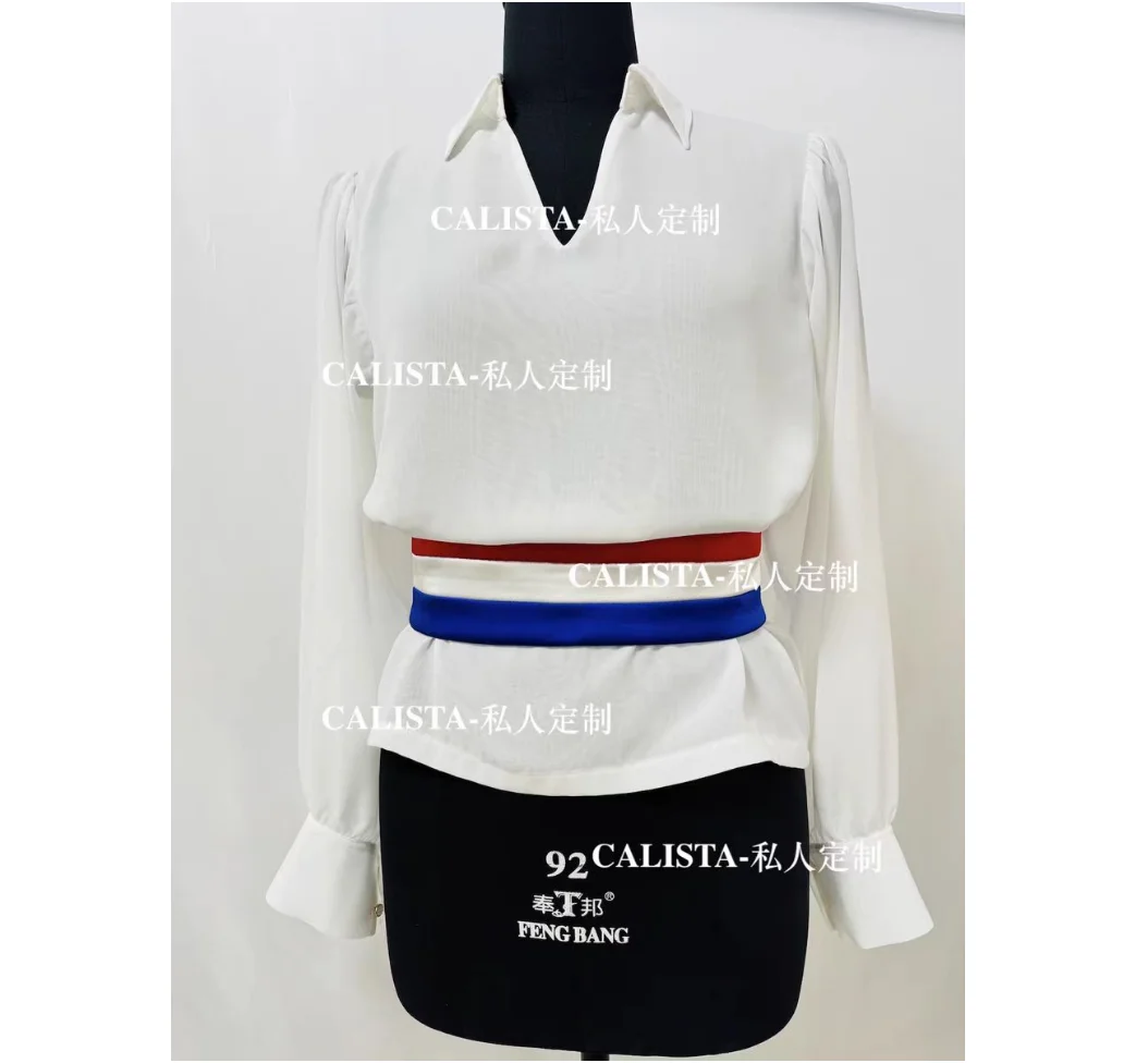 Paris fire male variations ballet dress White long sleeve shirt red white blue belt two match clothes