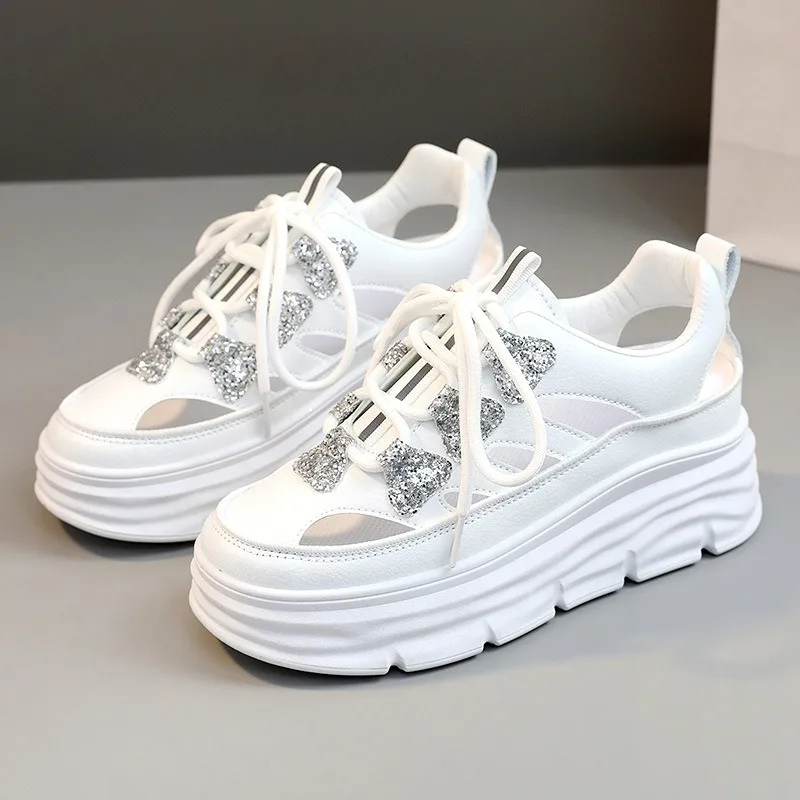 

Fashion Bling 7cm Heel Sports Sandals Women Chunky Sneaker Woman Versatile Street Breathable Hollow Platform Casual Summer Shoes