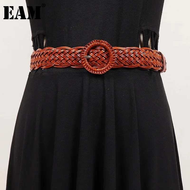 

[EAM] Pu Leather Belt Brown Round Buckle Long Wide Personality Women New Fashion Tide All-match Spring Autumn 2024 1DH7491