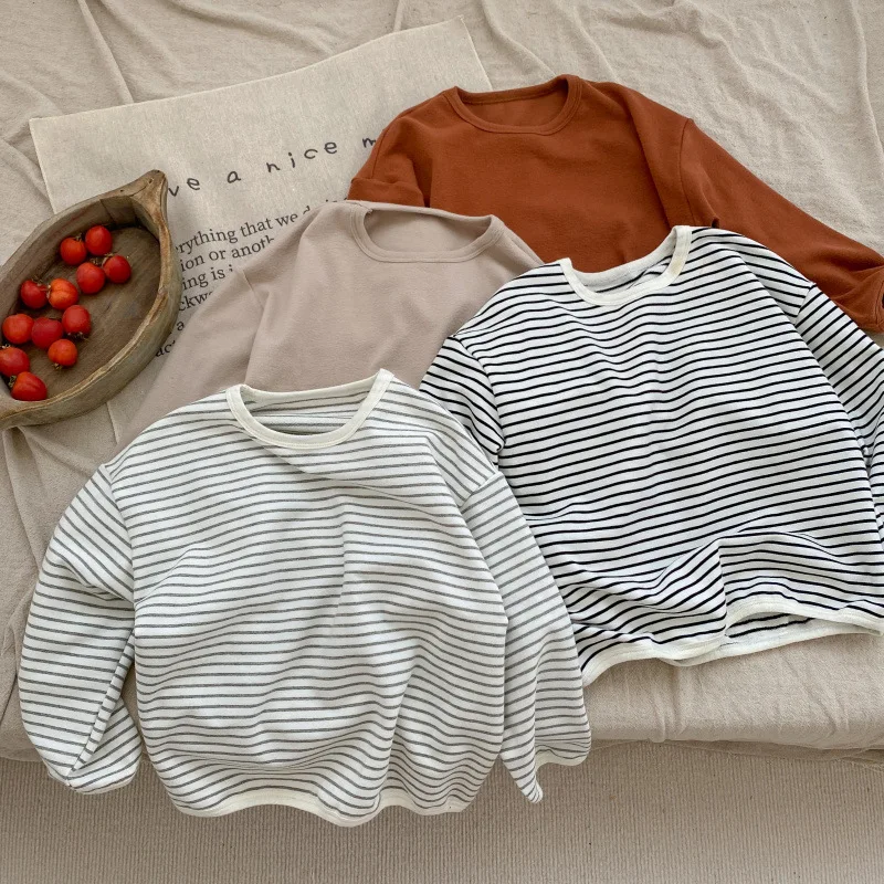 

2025 Spring Kids Basic Tee Unisex Striped Long Sleeve T-Shirt Soft Cotton Round Neck Casual Top