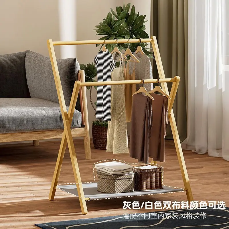 Bamboo X-Shaped Folding Clothes Drying Rack Double Tier Garment Hanger Stand With Storage Shelf For Bedroom Laundry Room Balcony