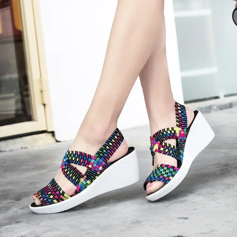 Wedge Platform Weave Sandals Fashion Peep Toe Comforty Breathable Mom Shoes Female Casual Thick Bottom Sandalias Mujer 2024