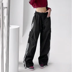 Pantaloni della tuta a righe donna Hip Hop Streetwear pantaloni Cargo larghi a gamba larga Bf Y2K pantaloni da jogging con coulisse a vita alta