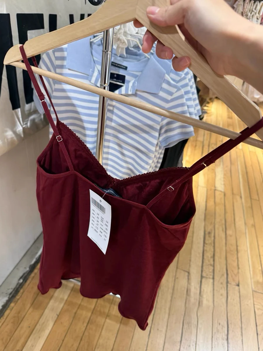 الدانتيل متابعة الصلبة سليم بروتيل المرأة الصيف الدانتيل تقليم الخامس الرقبة أكمام اقتصاص تانك القمم عادية خمر الحلو بورجوندي المحاصيل الأعلى جديد