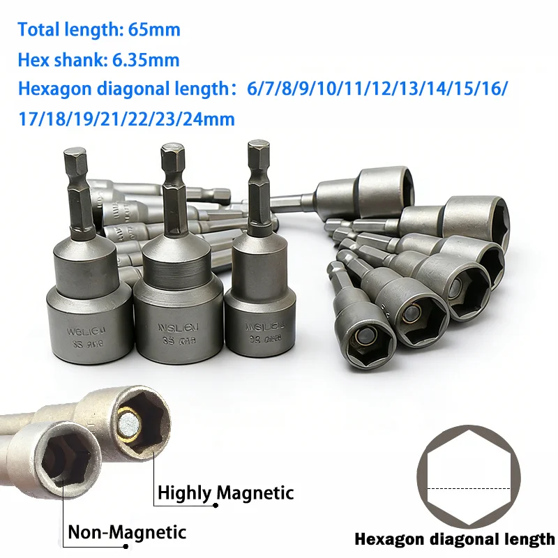 1pcs 6/7/8/9/10/11/12-24mm Non-magnetic/Magnetic Nut Driver Socket Hex Shank Drill Bit Metric Impact Grade Nut Setters 6.35mm