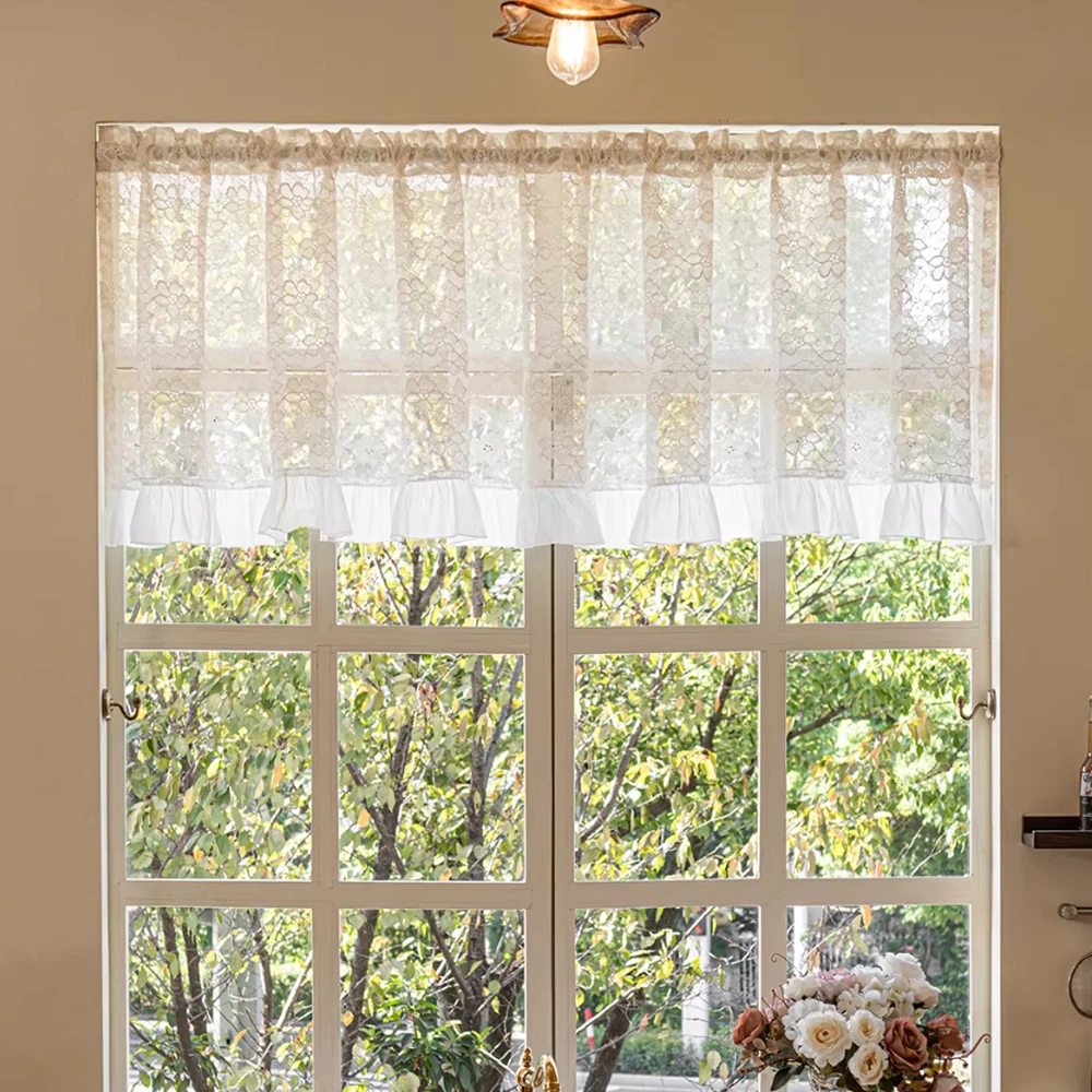 French Vintage Single Layer Lace Curtain, Plant Cutout Breathable Short Blind, Home Decor for Living Room Bedroom Balcony Window