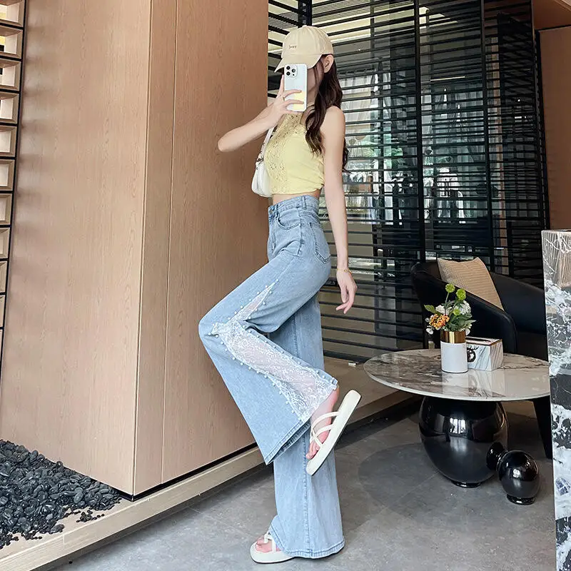Bestselling Hot 2026Spring Autumn New Fashiona Women Wear Blue Lace Nail Bead Splicing Thin Jeans Elegant Stylish Wide Leg Jeans