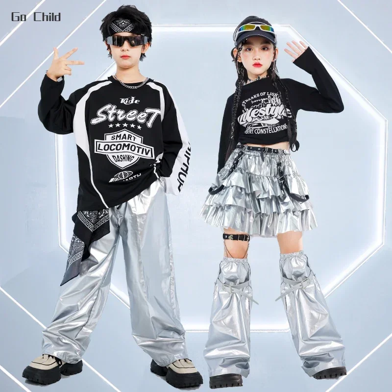 Girls K-pop Sweatshirt Street Dance Silver Pants Boys Hip Hop Shorts Shiny Clothes Set Kids Jazz Skirts Children Cool Streetwear