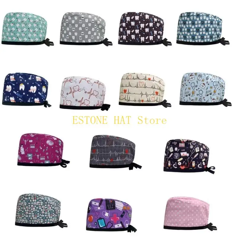 49MF Sanitary Hat Print Surgeon Hat for Medicals Care Adjust Soft Scrub Caps for Nurse Kitchen Cooking Headwear Round Scrub Hat