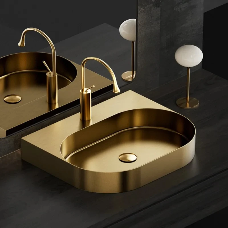 Advanced Simple Gold Stainless Steel Tabletop Basin Single Hole Integrated Wash Artistic Toilet Bathroom Oval Wash Basin