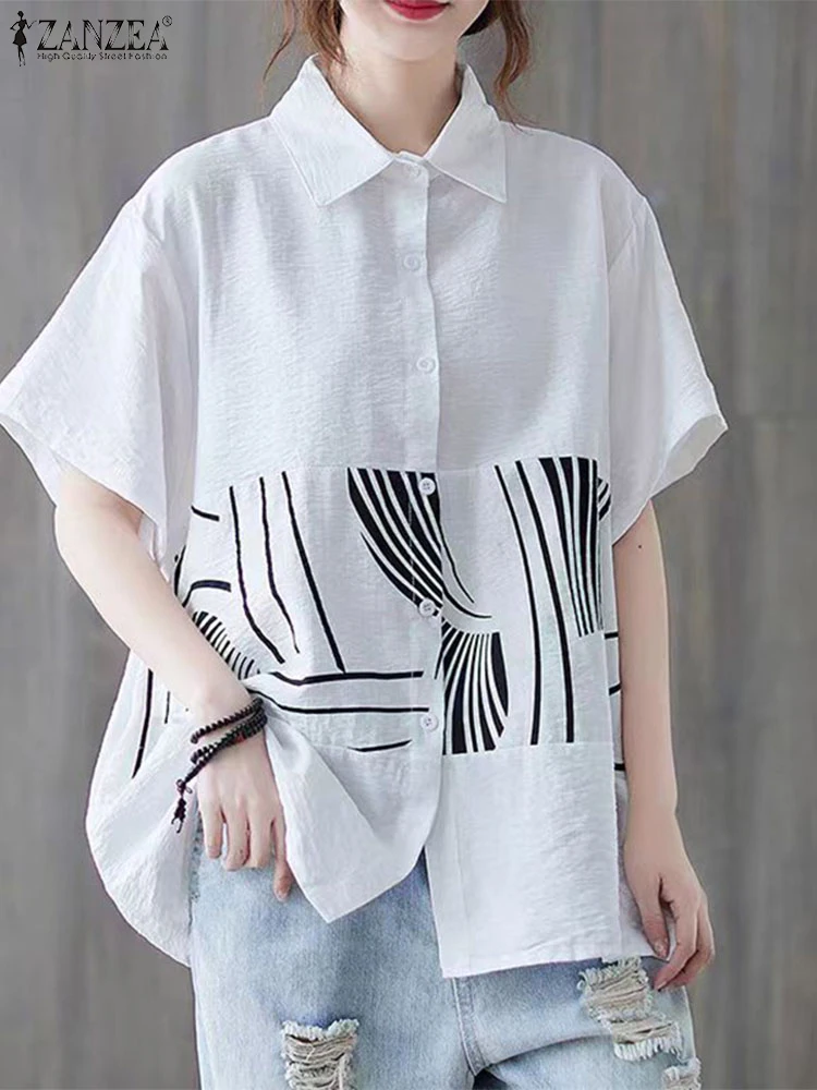 

ZANZEA 2025 Women Lapel Collar Korean Casual Loose Tops Summer Shirt Fashion Printed Stitching Tops Holiday Short Sleeve Tunics