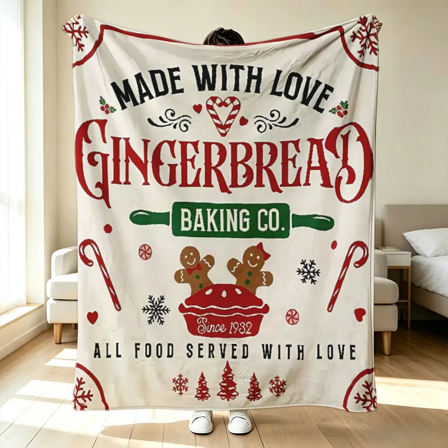 1PC Christmas gingerbread men baking printed flannel blanket cookies 2D single-sided printed holiday sofa bed decorative blanket
