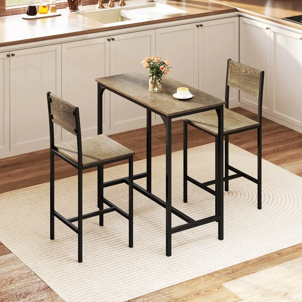3 Piece Bar Table & Chair Set Kitchen Table w/ 2 Bar Stools for Small Space