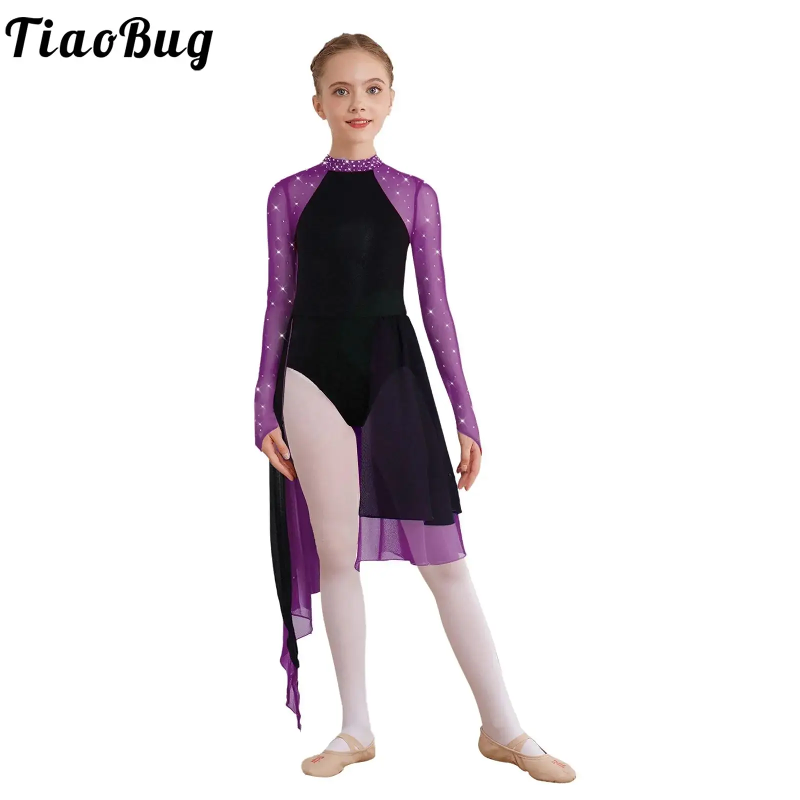 

Lyrical Dance Girls Leotard Dress Rhinestones Figure Skating Modern Dancewear Halter Long Sleeve Slit Bodysuit Skirted Dress