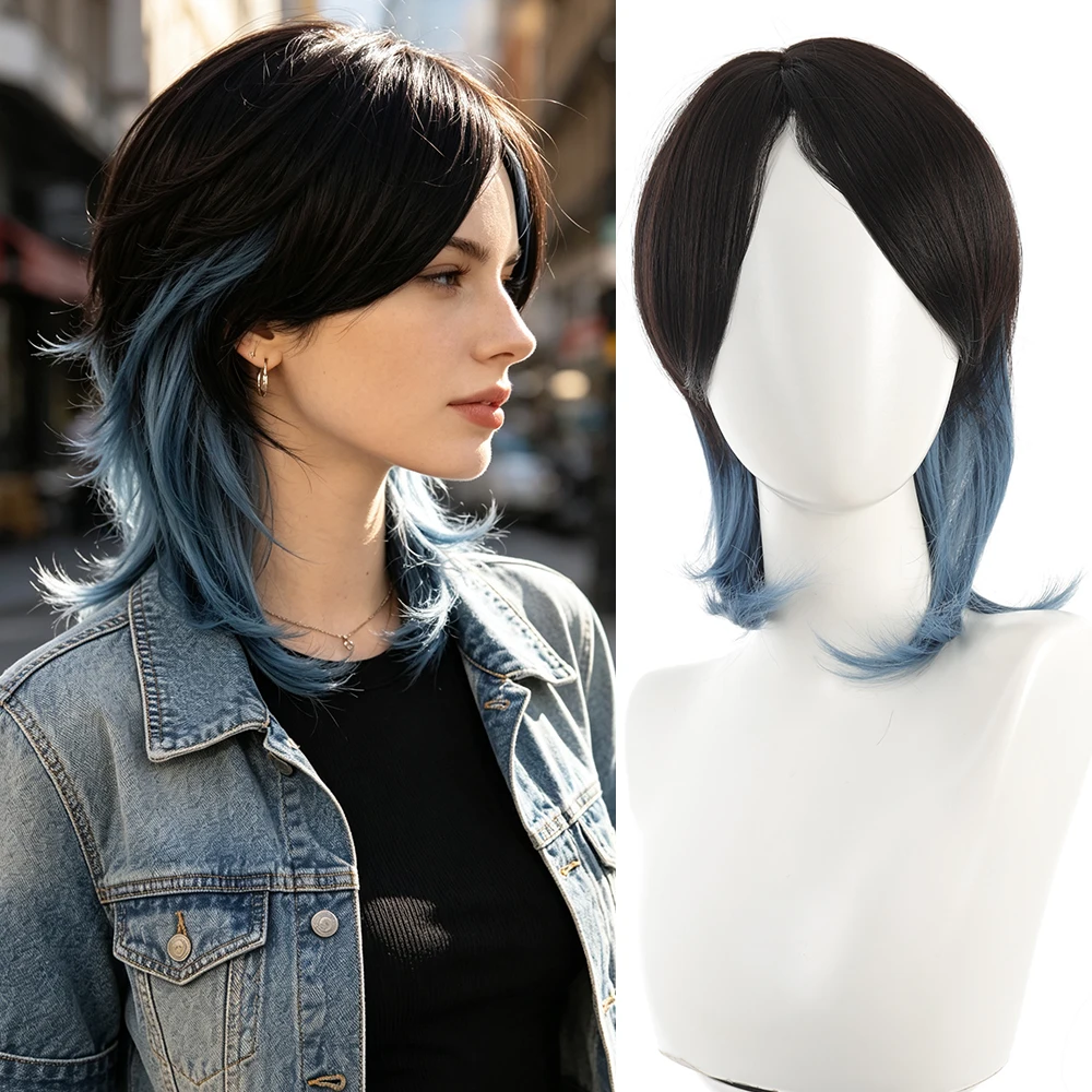 Synthetic 16 Inch Black Blue Gradient Wolf Cut Outward Curl Fashion Wig Halloween Cosplay Heat Resistant Fiber Hair
