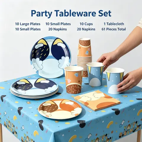 Blue Dog Themed Party Supplies Bundle Disposable Cartoon Tableware Set Colorful Decorative Style Birthday Picnic Festival Theme