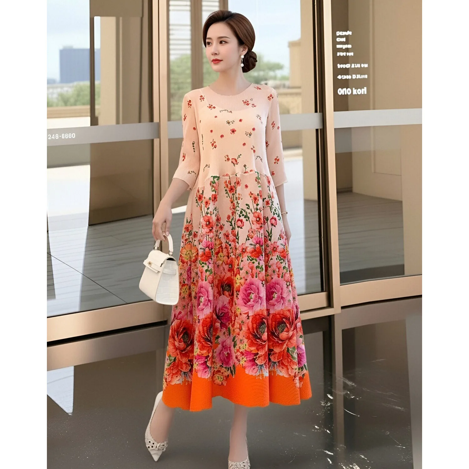 

Miyake Pink Chic Printed Women's Pleated Dress Spring Fashion New Round Neck Three-quarter Sleeve A-line Dress Spring Skirt