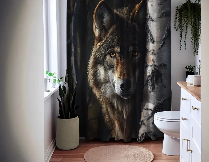 Majestic Wolf Shower Curtain, Wild Animal Forest Bathroom Decor, Realistic Wolf Art Design for Nature and Wildlife Lovers