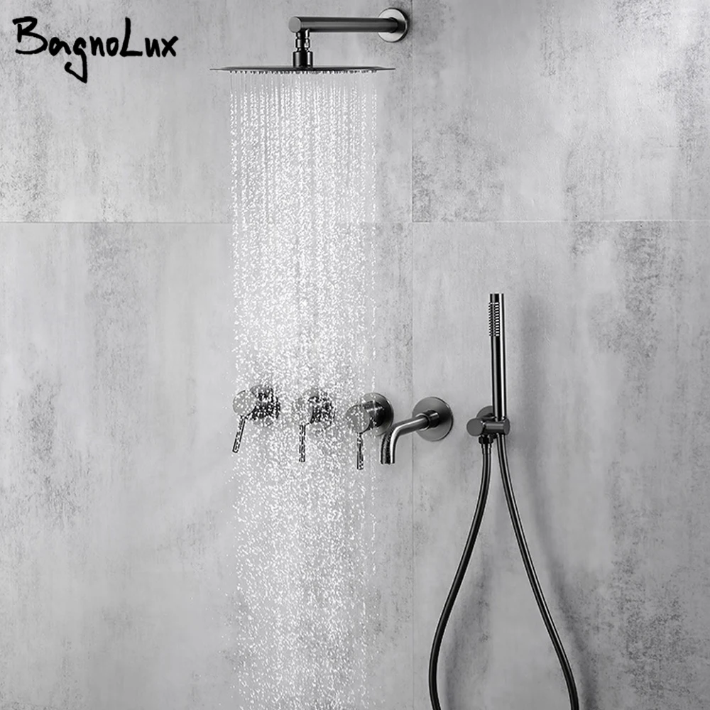 

Gunmetal Shower Faucet Set Bathtub Mixer Tap Wall Mount Rainfall Head Kit Solid Brass With Bath Spout 150/210/260MM Handshower