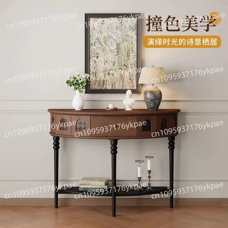 Medieval Solid Wood Porch Table Opposite The Door Table Retro Wind Semicircular Decorative Storage