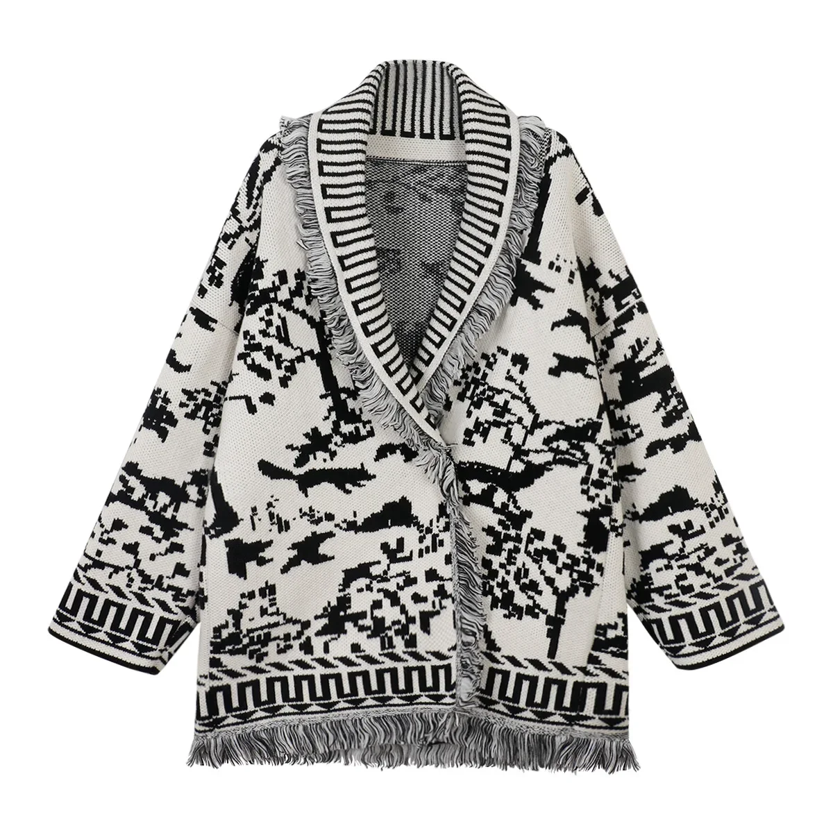 Retro simple cardigan high-end jacquard tassel knitted sweater women\'s jacket