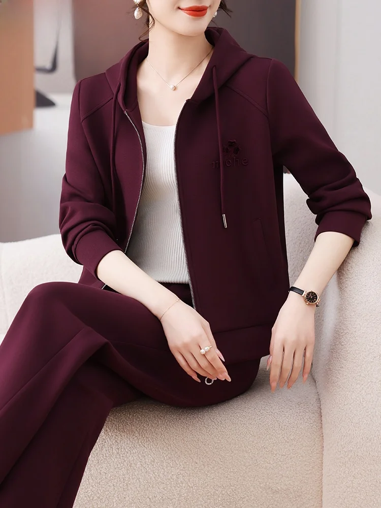 

Spring Faion Hooded Open Cardigan Two-Piece Set Casual Leisure Sportswear for Young Mothers Middle-Aged And ly Women