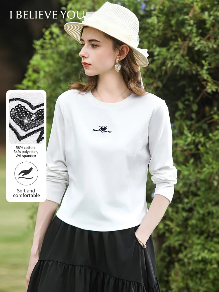 

I BELIEVE YOU White Heart-shaped Bead Embroidered Long Sleeved T-shirt 2026 Spring Crew Neck Casual Cropped Slim Top 2261016194