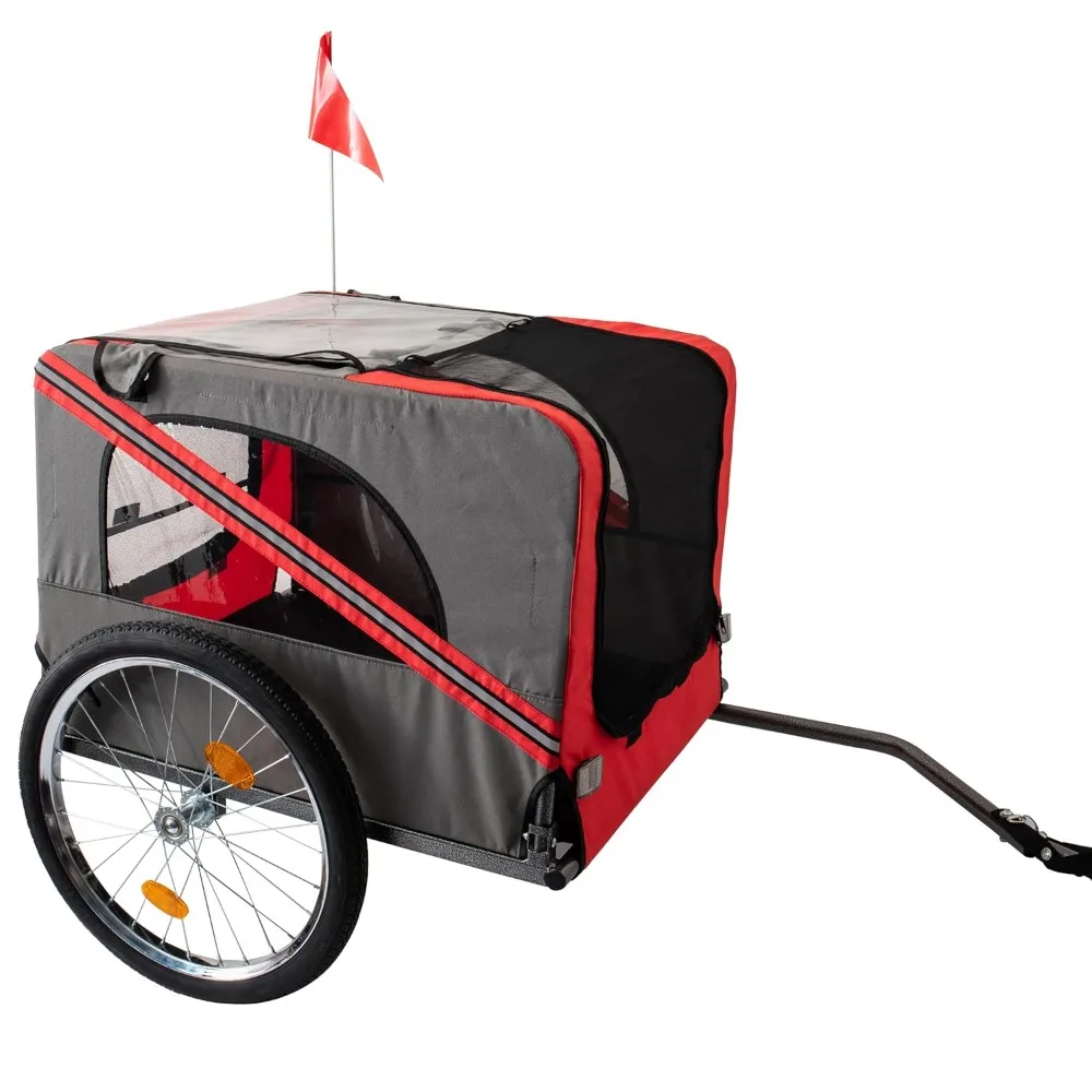 

Outdoor Heavy Duty Foldable Pet Stroller and Bicycle Trailer for Dogs, Easy Mobility, Large Universal Wheels, Grey and Red