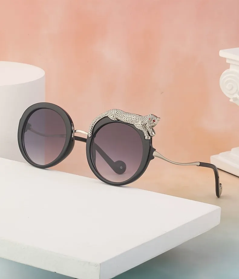 Runde Sonnenbrille Frauen Luxus Designer Kristall Leopard-Shaped Sun Gläser für Weibliche Mode Anti Blau Licht Brillen Damen – Detail 9