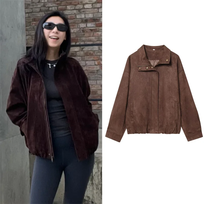 

Women's Coat 2025 Autumn New Style Dark Brown Long Sleeve Suede Loose Version Simple Jacket Casual and Fashionable Hot Sale