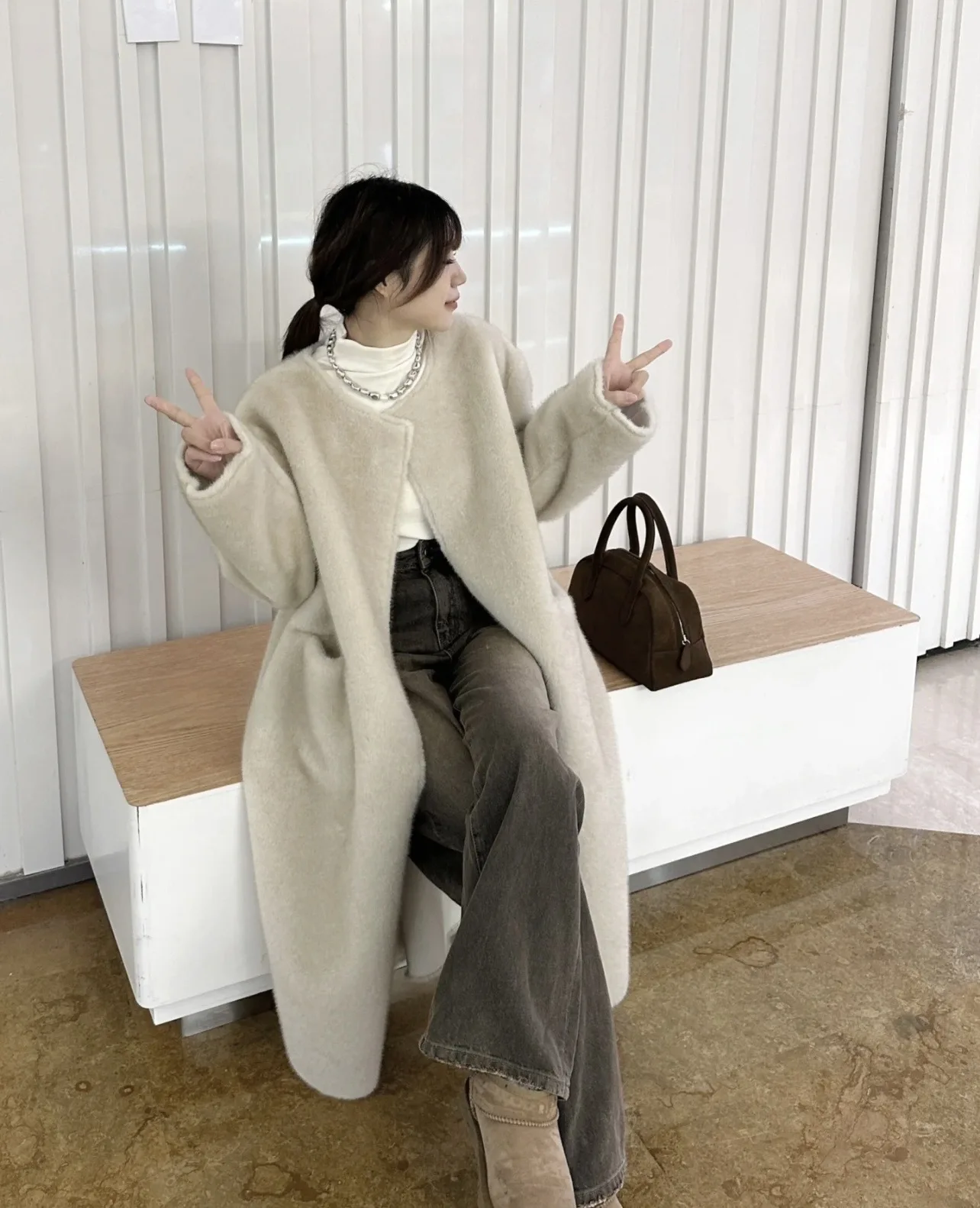 Jaket Mantel Panjang Bulu Imitasi Wanita, Mantel Leher Bulat Maxi, Jaket Streetwear Y2k Tebal Hangat, Jaket Kerja Kasual Elegan Longgar Musim Gugur Musim Dingin