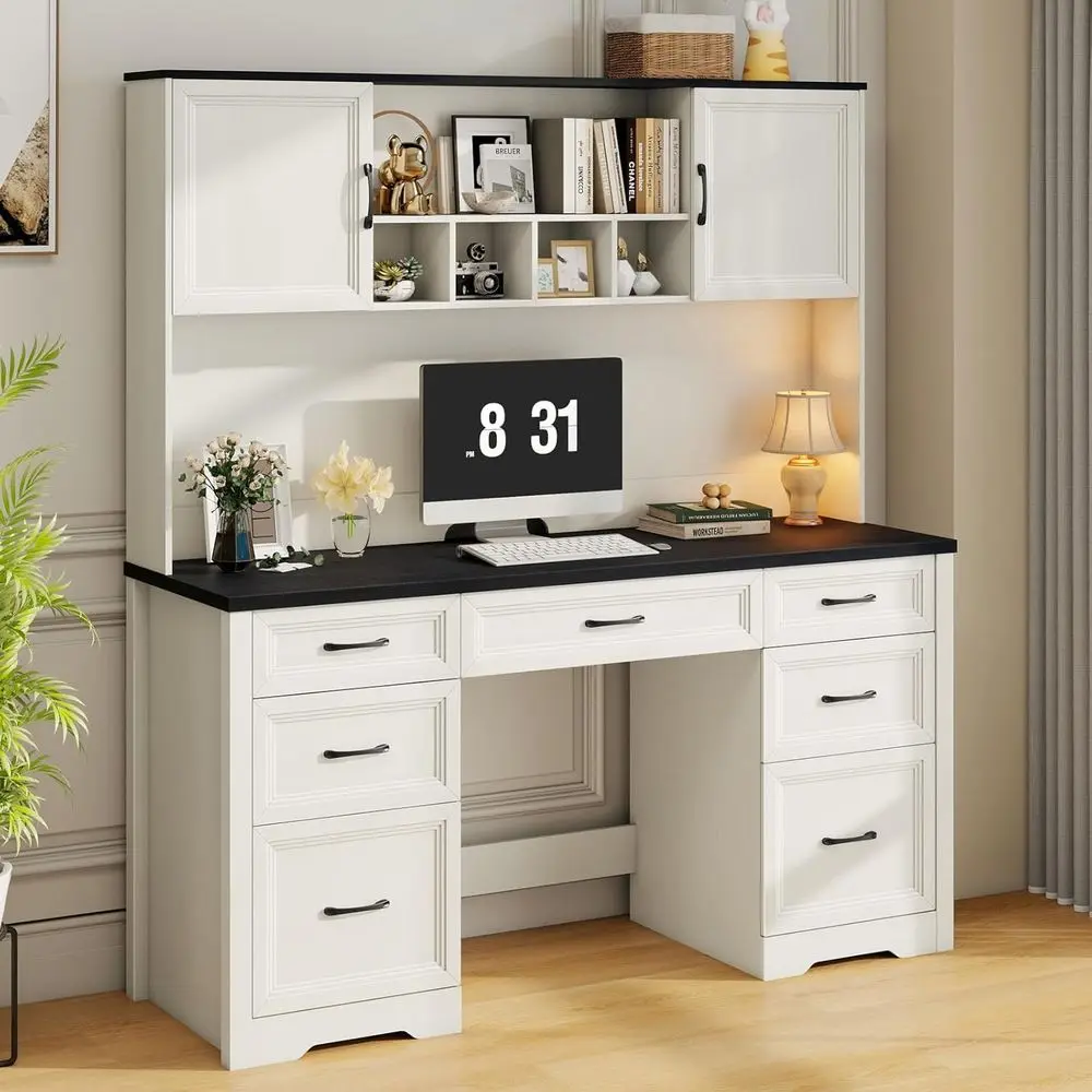 

Rustic Large Writing Desk with 7 Drawers and Storage Cabinet, Black Home Office Workstation