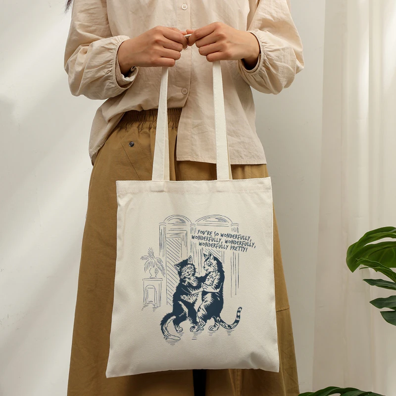 Retro Blue Woodcut Cat Dance Print Tote Bag, Romantic Couple Gift for Date Nights, Women's Shoulder Bag Vintage Style Accessory