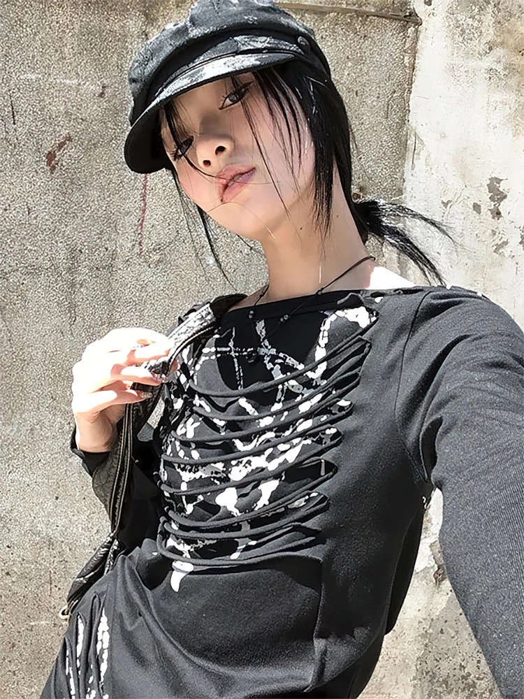 ممزق Y2k أسود كم طويل تي شيرت المرأة خمر هول طباعة الأساسية الأعلى الكورية فضفاض عادية تيز Pulover #4