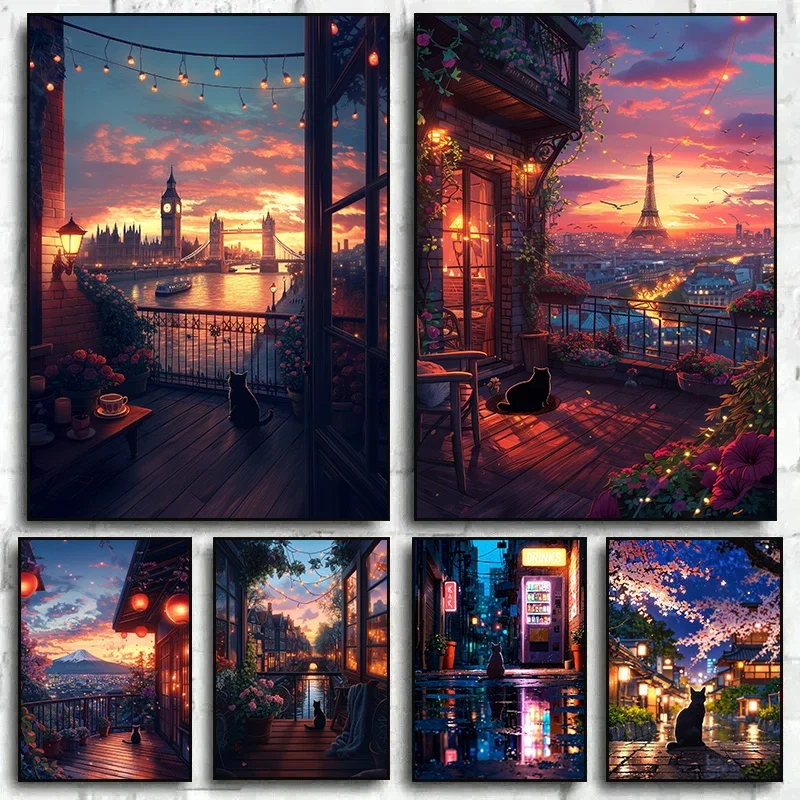 1pc frameless Night View Beautiful City London Paris Japan Diamond Prints Poster Wall Art Mural for Modern Living Room Home De