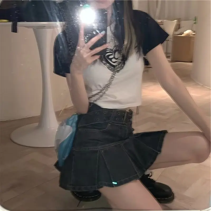 falda de Mezclilla de Cintura Alta con Corte en A para Mujer, Falda Corta Ajustada y Evase de Media Longitud, Estilo Core...