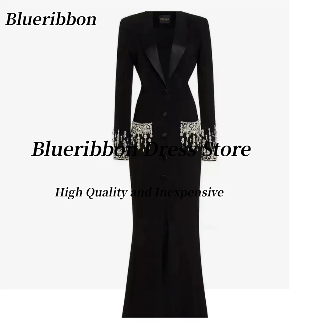 Blueribbon Haute Couture Dresses for Ladies Lapel V Neck Buttons Front Slit Evening Dress Beaded Long Sleeves Prom Party Gowns