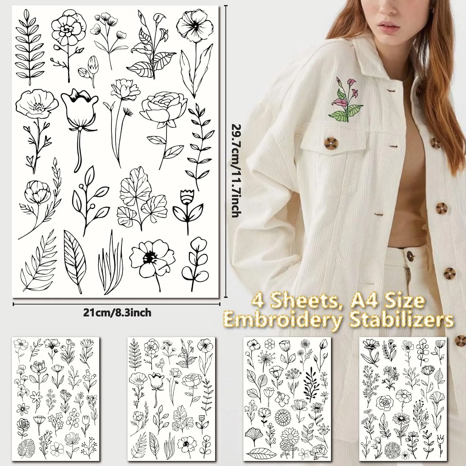Pre-Printed Flower Embroidery Pattern Paper Stick & Stitch Water Soluble Stabilizer Wash Away Embroidery Paper for Hand Sewing