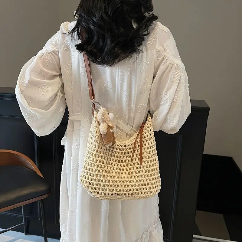 

New Openwork Design Woven Tote Bag Casual Commuting Shoulder Bag Summer Beach Woven Shoulder Bag Girls Tote Crossbody Handbag