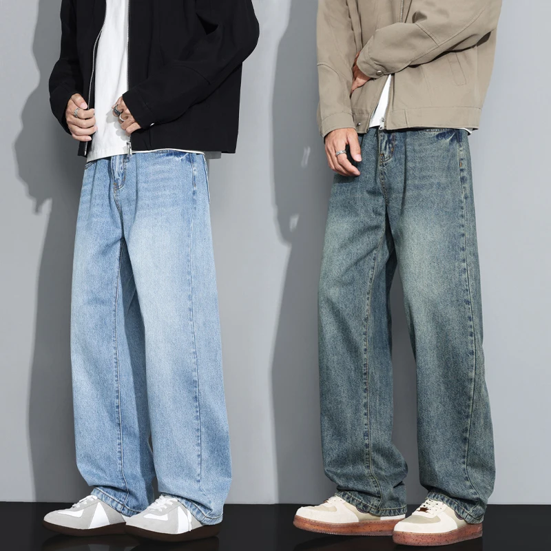 

Мужские повседневные джинсы, осенние новые корейские свободные однотонные брюки, прямые винтажные персонализированные мужские широкие джинсовые брюки