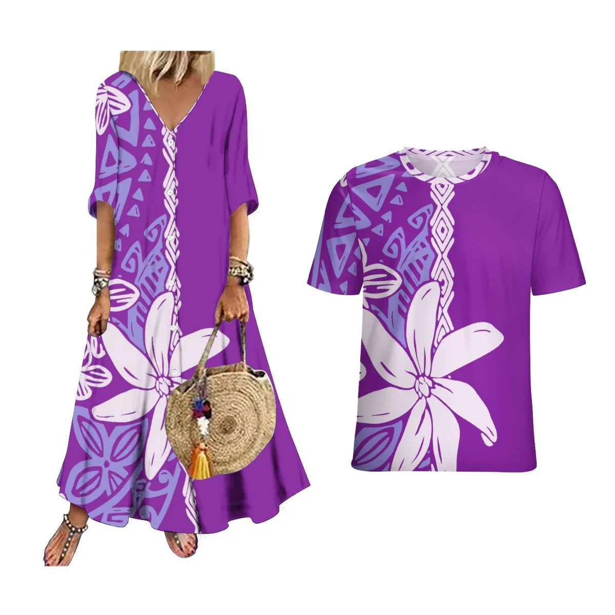 Elegant Purple Couple Outfit Women Polynesian V-Neck Long Dress Hawaii Island Style Men Shirt Party Dress Customized