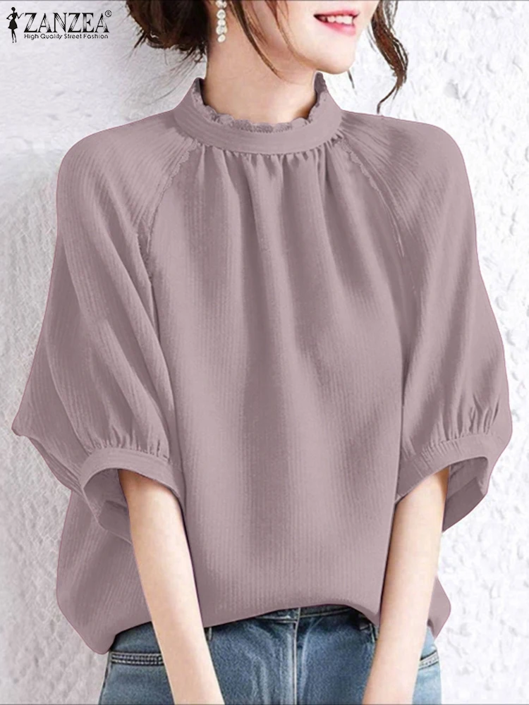 

Элегантная женская рабочая блузка OL 2025 ZANZEA, офисные рубашки, летние туники с рукавами 3/4, топы с воротником-стойкой, кружевные лоскутные Blusas Mujer Femme
