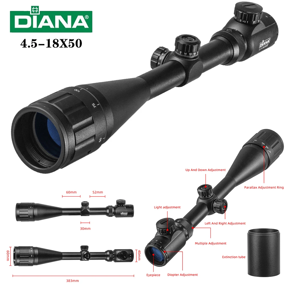 DIANA 4.5-18X50 Aoe Riflescope Adjustable Green Red Dot Cross Hunting Light Tactical Scope Reticle Optical Rifle Scope