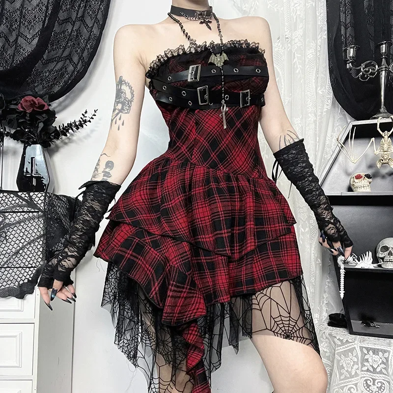 

Women's Gothic Design Dress 2024 Sweetheart Corset Spice Strapless Dark Irregular Patchwork Hem Plaid Long Dress