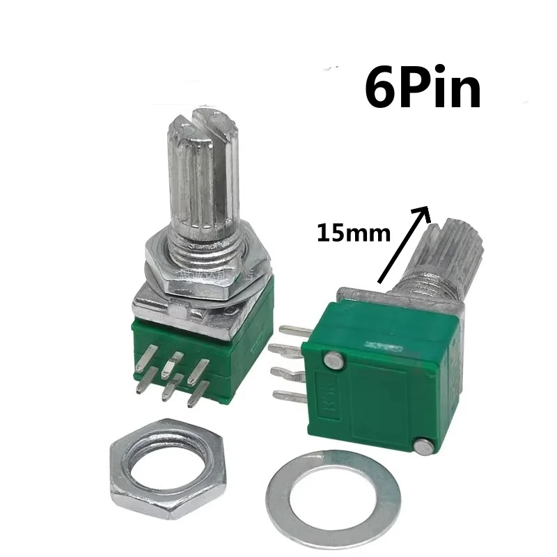 1pcs，Double-layer single-loop rotary potentiometer，RK097，6Pin，B1K 5K 10K 20K 50K 100K 500K，Axis length 15mm, axis diameter 6mm，