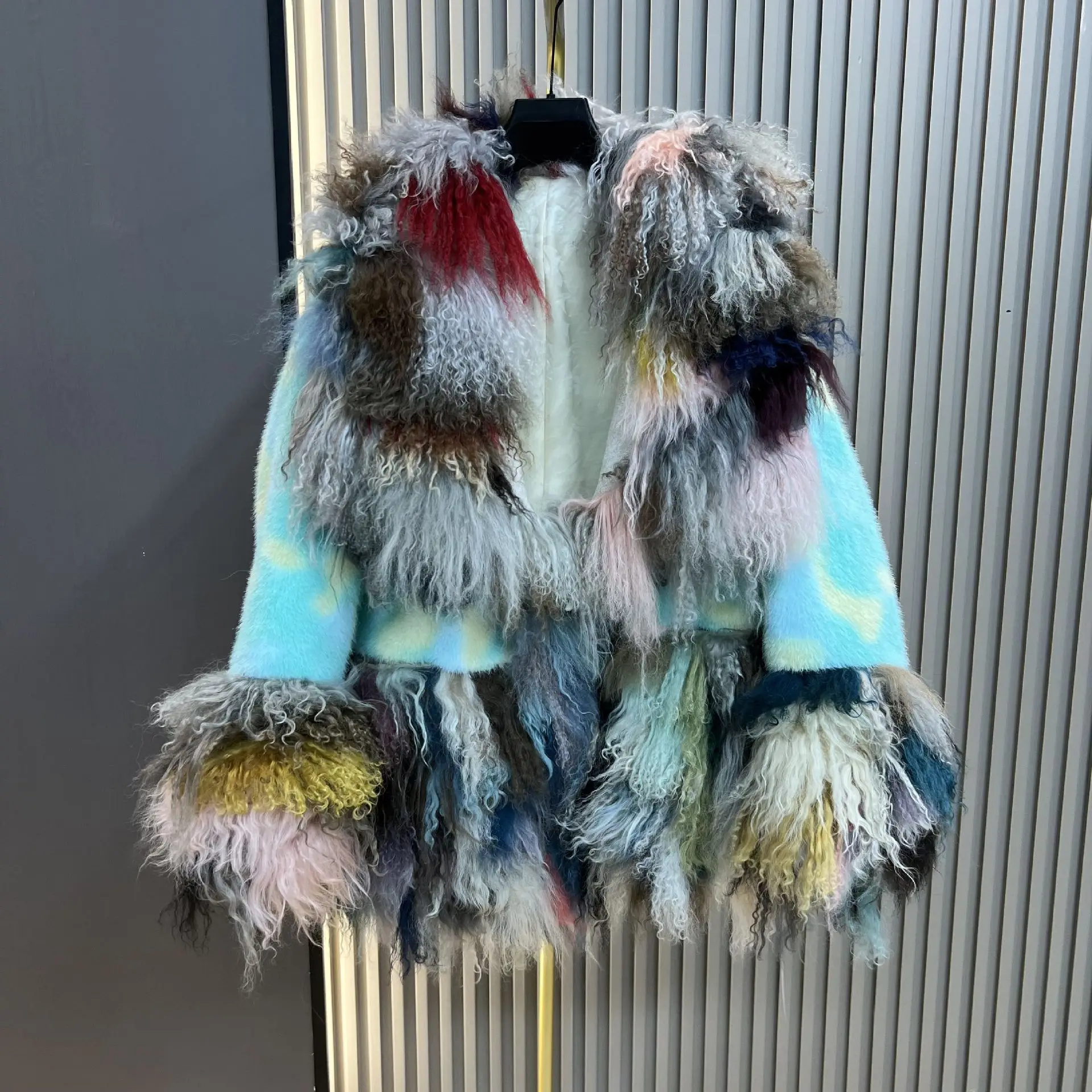 2025 outono inverno nova moda cor-bloco de comprimento médio falso pele de vison retalhos multicolorido engrossado quente elegante casaco de pele do falso